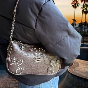 Ed Hardy Y2K Baguette Shoulder Bag Brown Embossed Skull Rhinestone Butterfly NEW